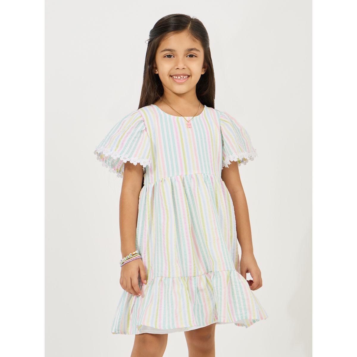 Styli Striped A-Line Knee Length Dress with Flute Sleeve-girls-clothing-dressesandjumpsuits-image-2