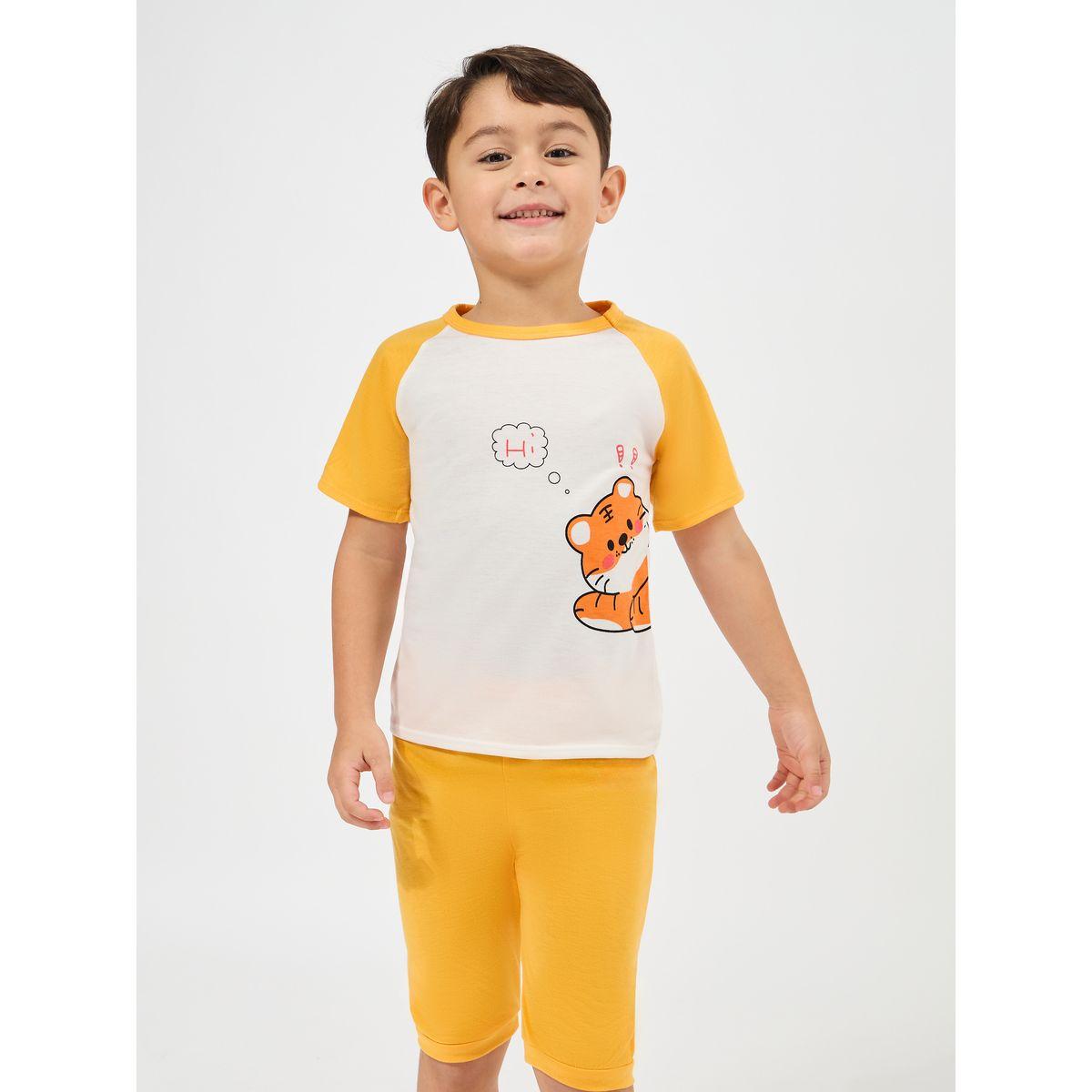Styli Bear Print Raglan T-Shirt & Shorts Set-boys-clothing-nightwear-image-2