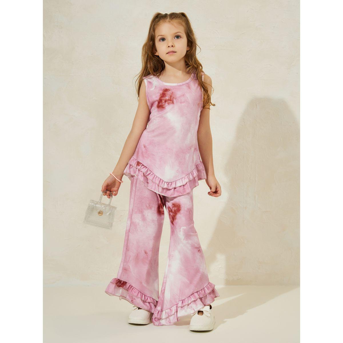 Styli Tie Dye Ruffle Hem Top & Wide Leg Pants Set-girls-clothing-setsandcoords-image-1