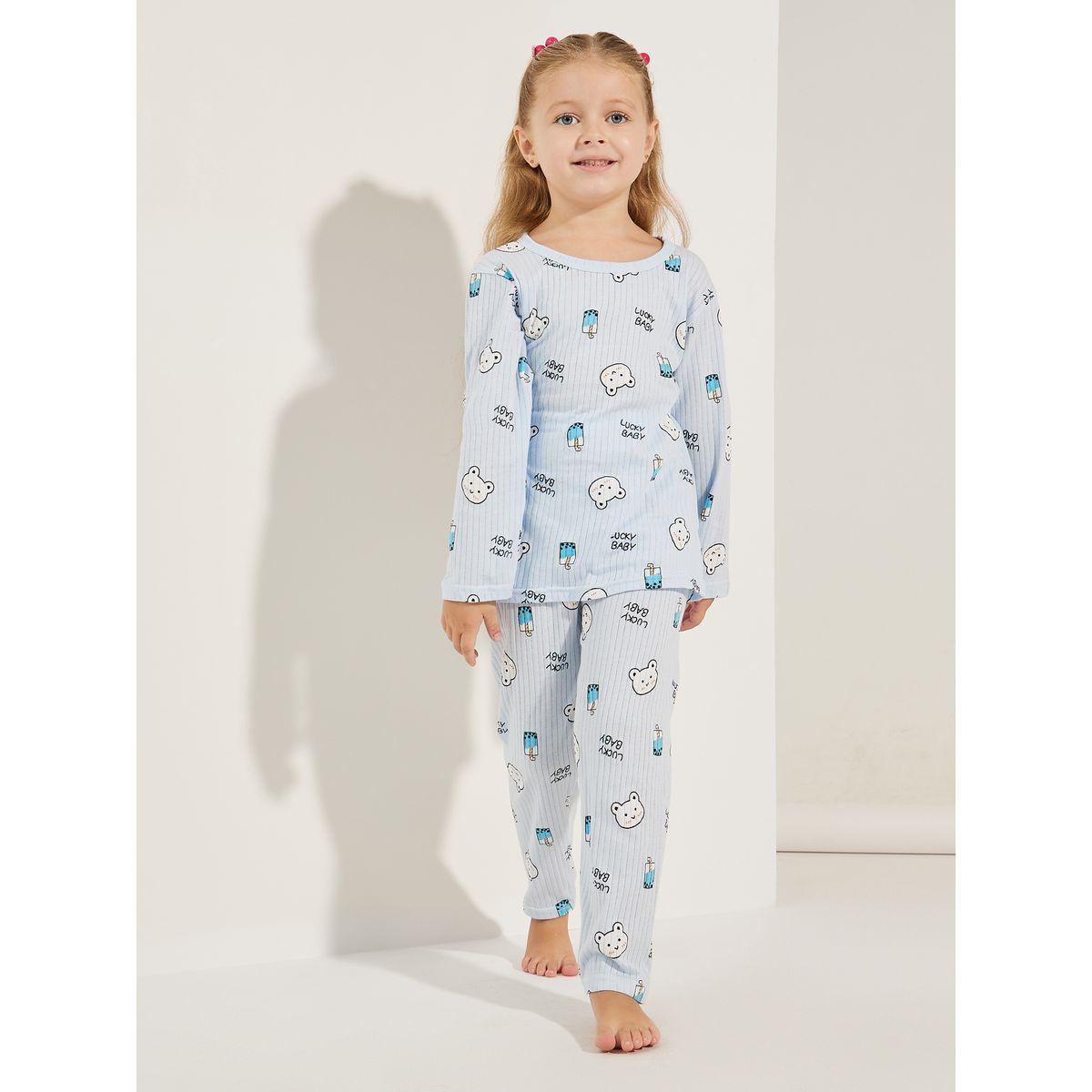 Styli Bear Graphic Print Knit T-Shirt & Pyjama Set-girls-clothing-nightwear-image-1