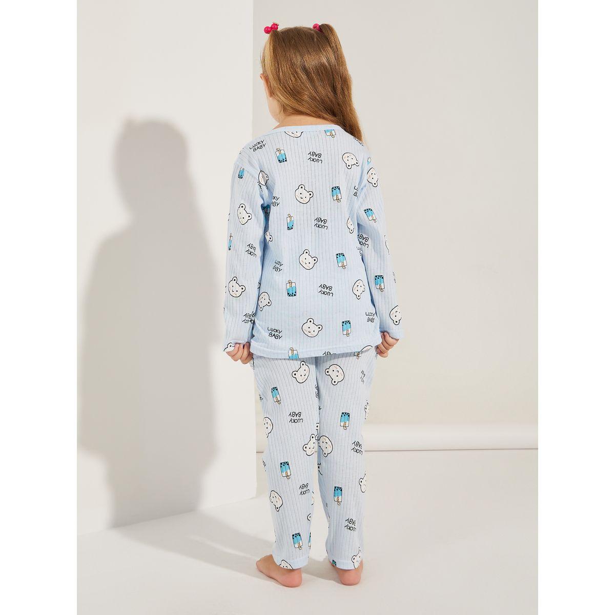 Styli Bear Graphic Print Knit T-Shirt & Pyjama Set-girls-clothing-nightwear-image-5