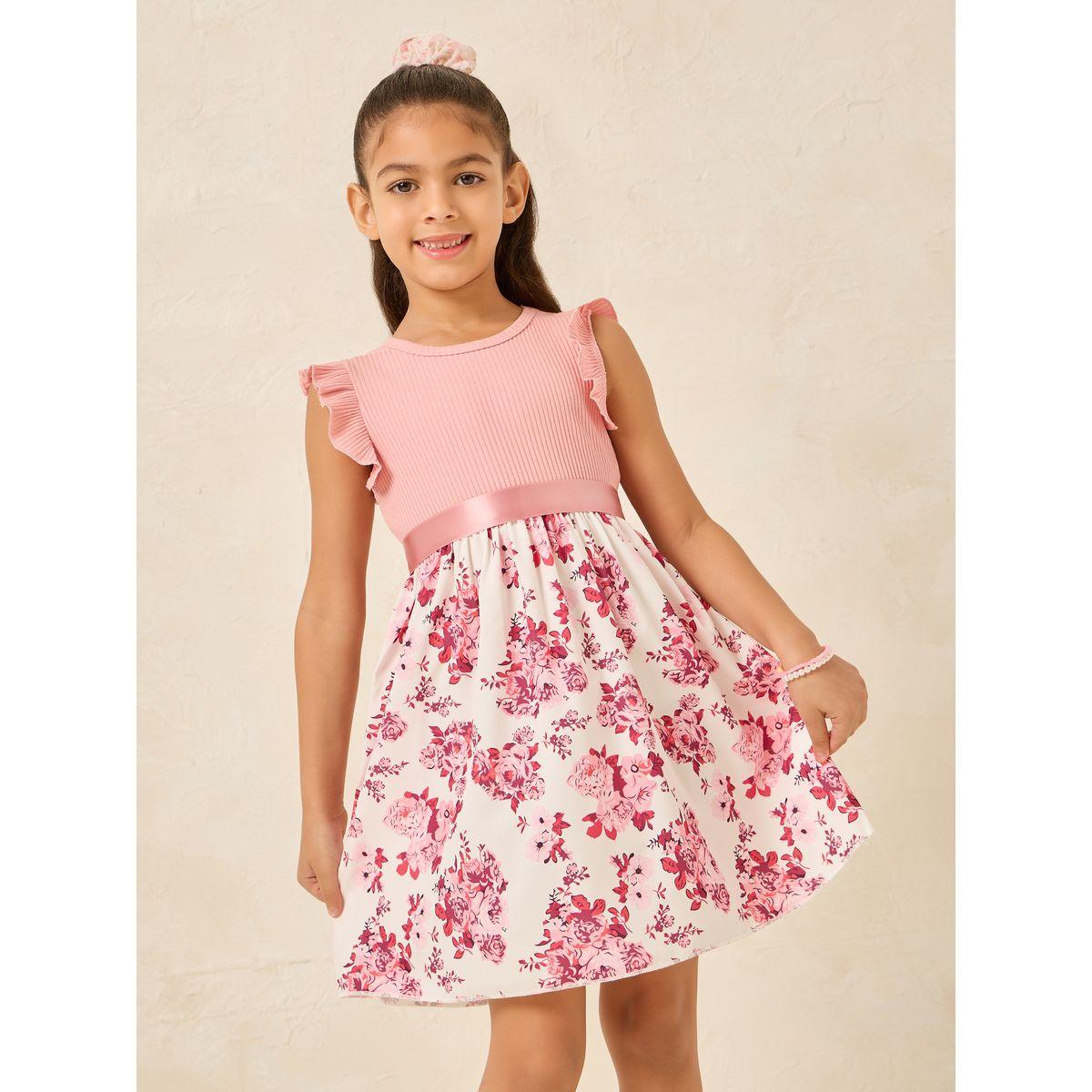 Styli Ribbed Knit Printed Ruffle Hem Dress-girls-clothing-dressesandjumpsuits-image-1