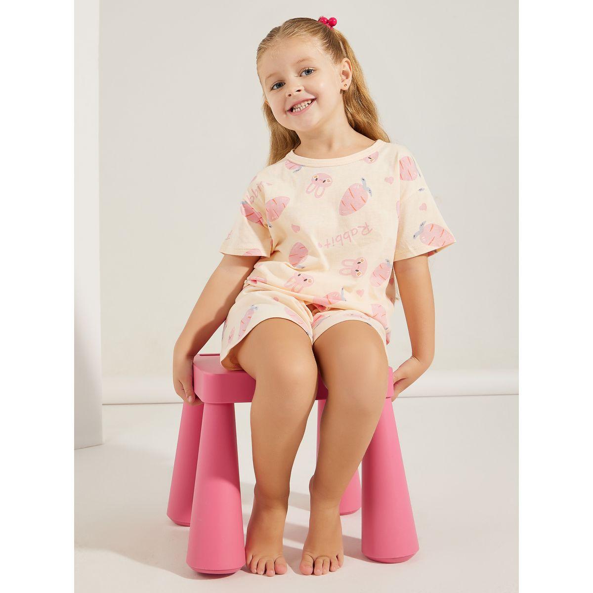 Styli Bunny Carrot Print T-Shirt & Shorts Set-girls-clothing-nightwear-image-1