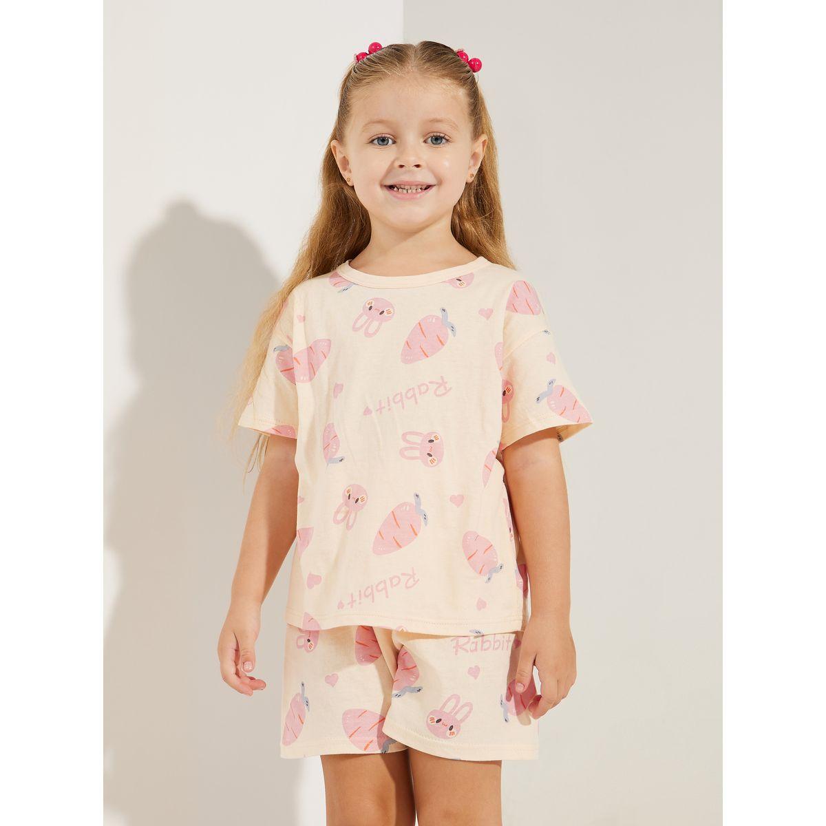 Styli Bunny Carrot Print T-Shirt & Shorts Set-girls-clothing-nightwear-image-3