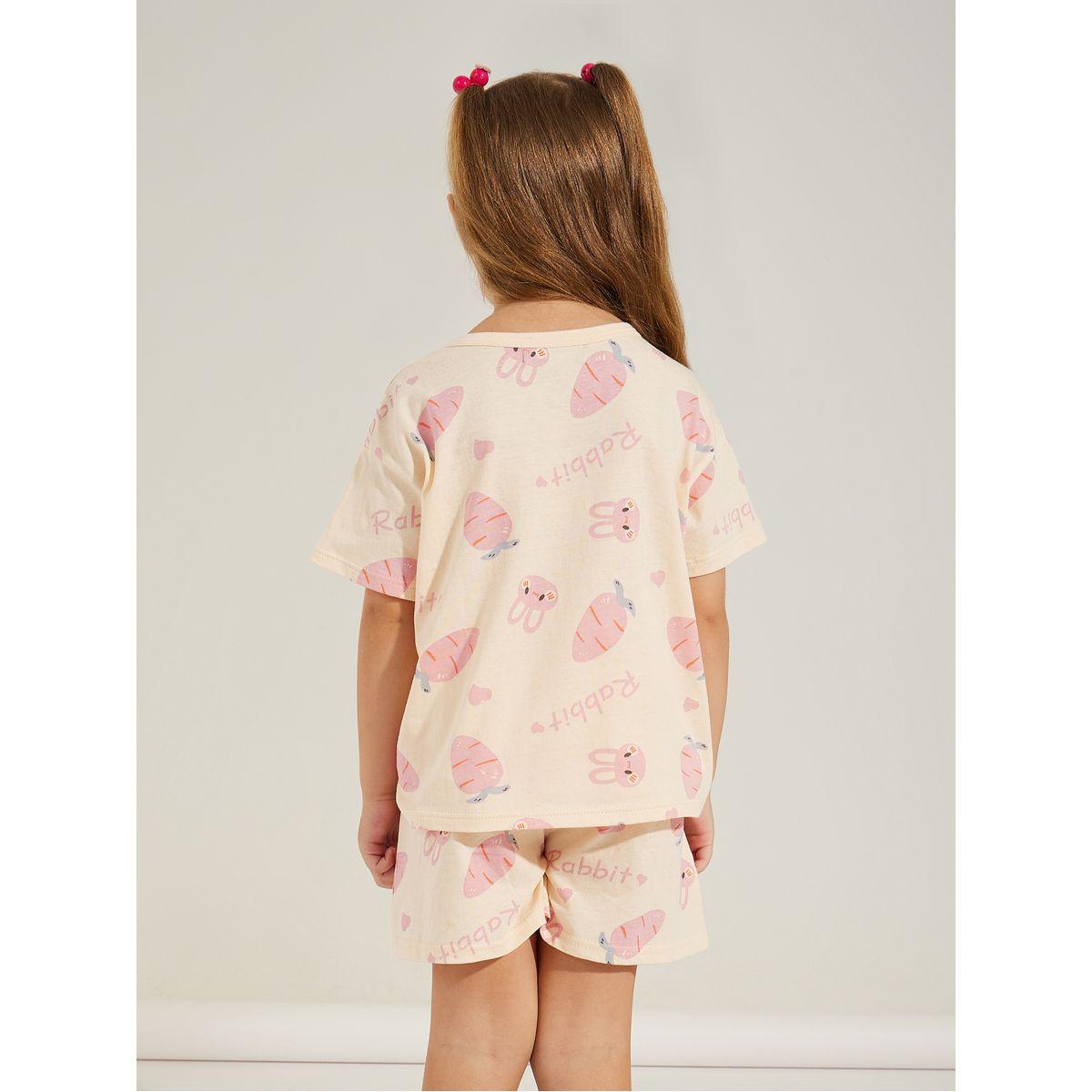 Styli Bunny Carrot Print T-Shirt & Shorts Set-girls-clothing-nightwear-image-6