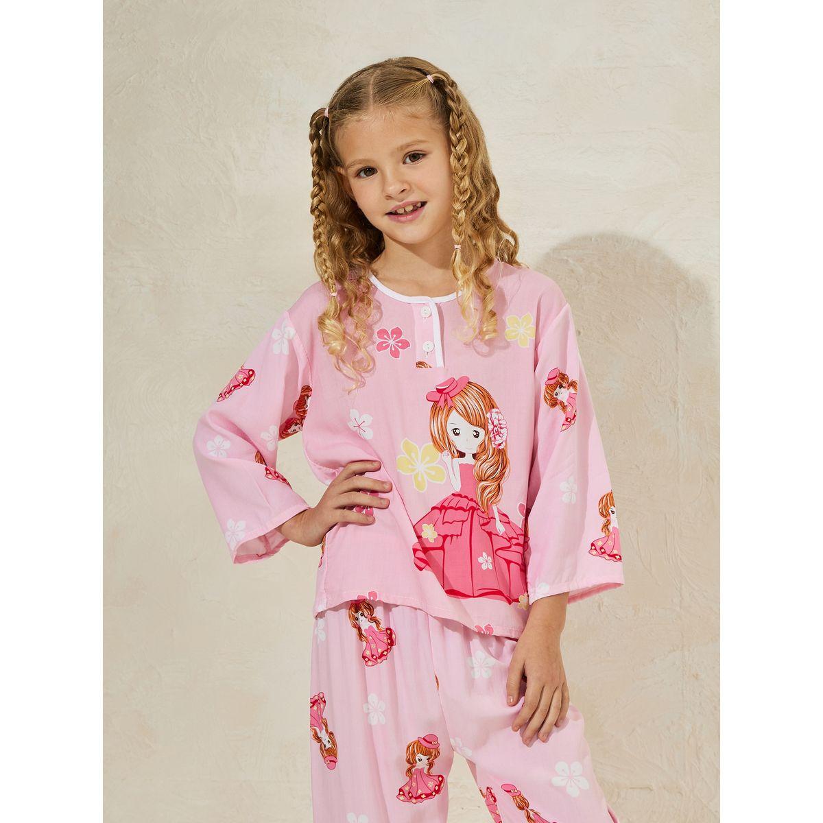 Styli Doll Print Long Sleeves T-Shirt & Pyjama Set-girls-clothing-nightwear-image-2