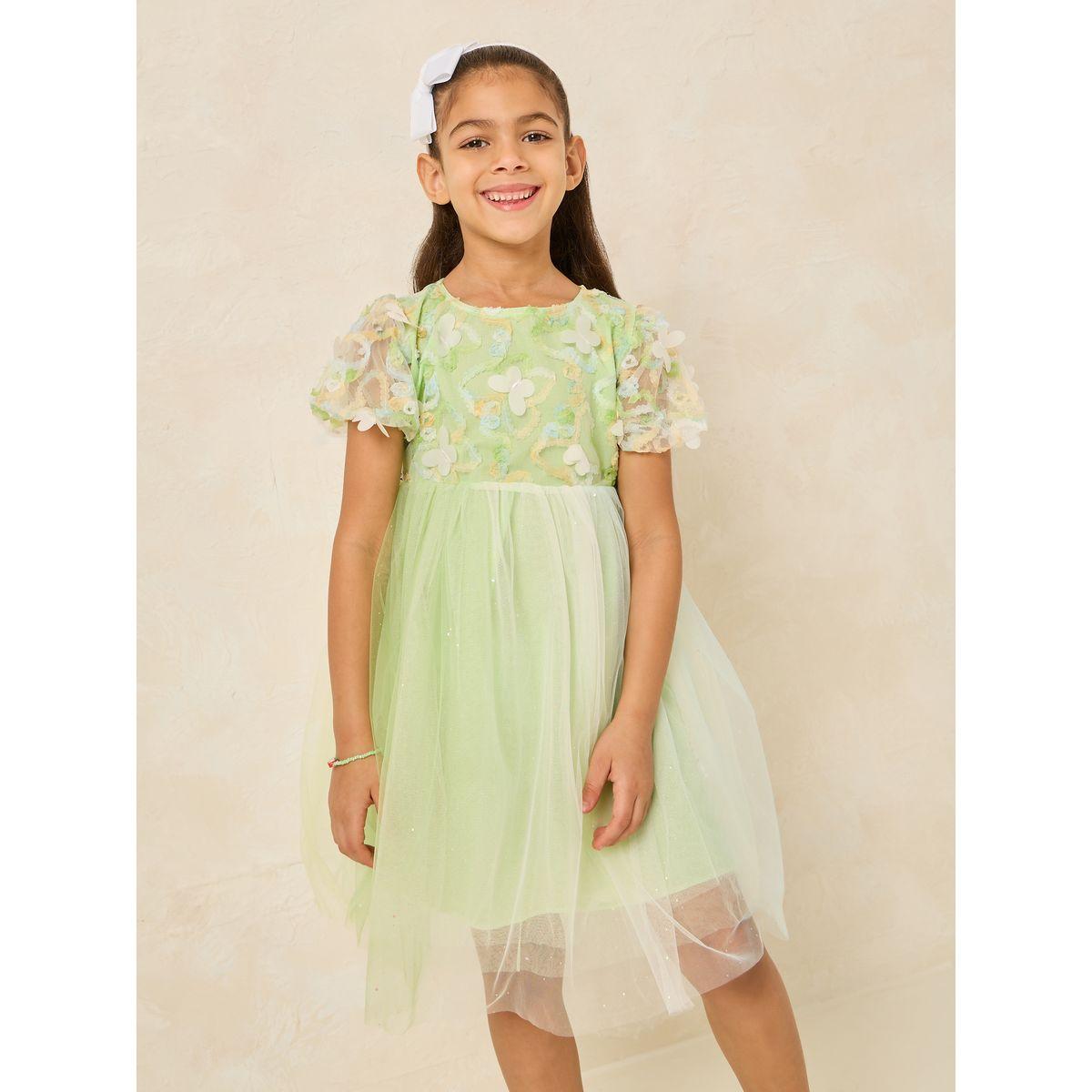 Styli Floral Applique Puff Sleeve Back Bow Mesh Dress-girls-clothing-dressesandjumpsuits-image-1