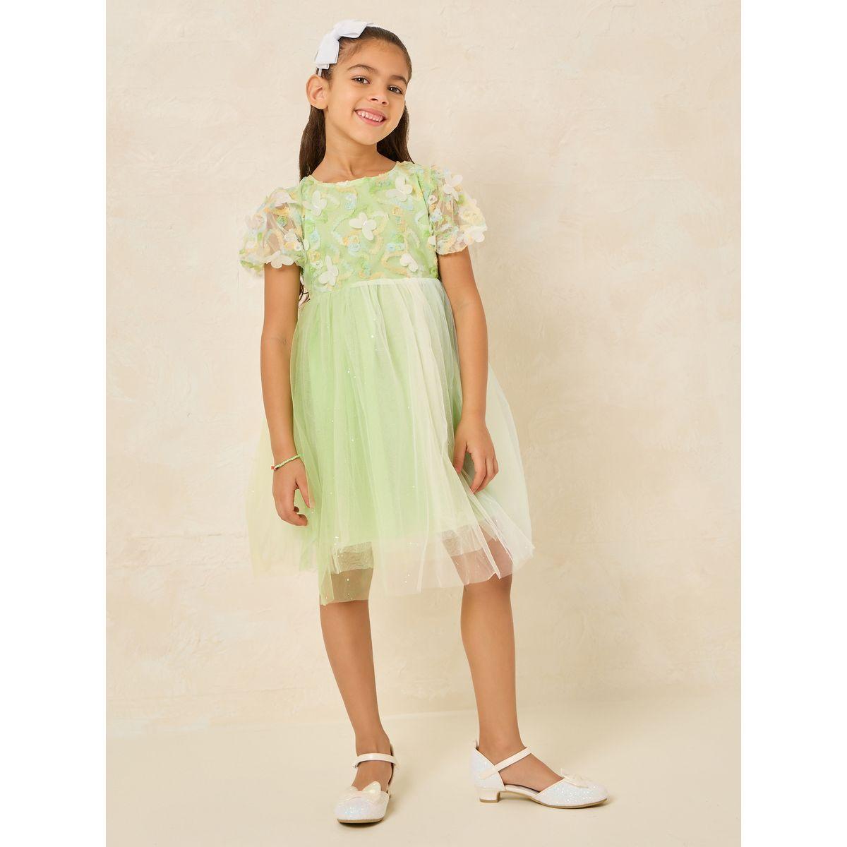 Styli Floral Applique Puff Sleeve Back Bow Mesh Dress-girls-clothing-dressesandjumpsuits-image-2