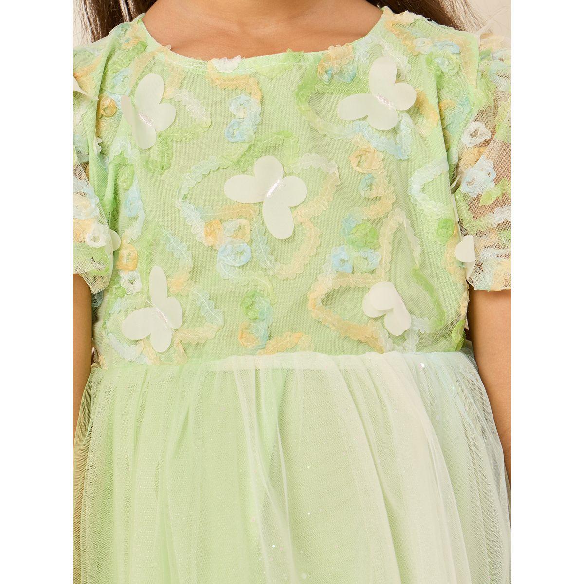Styli Floral Applique Puff Sleeve Back Bow Mesh Dress-girls-clothing-dressesandjumpsuits-image-3