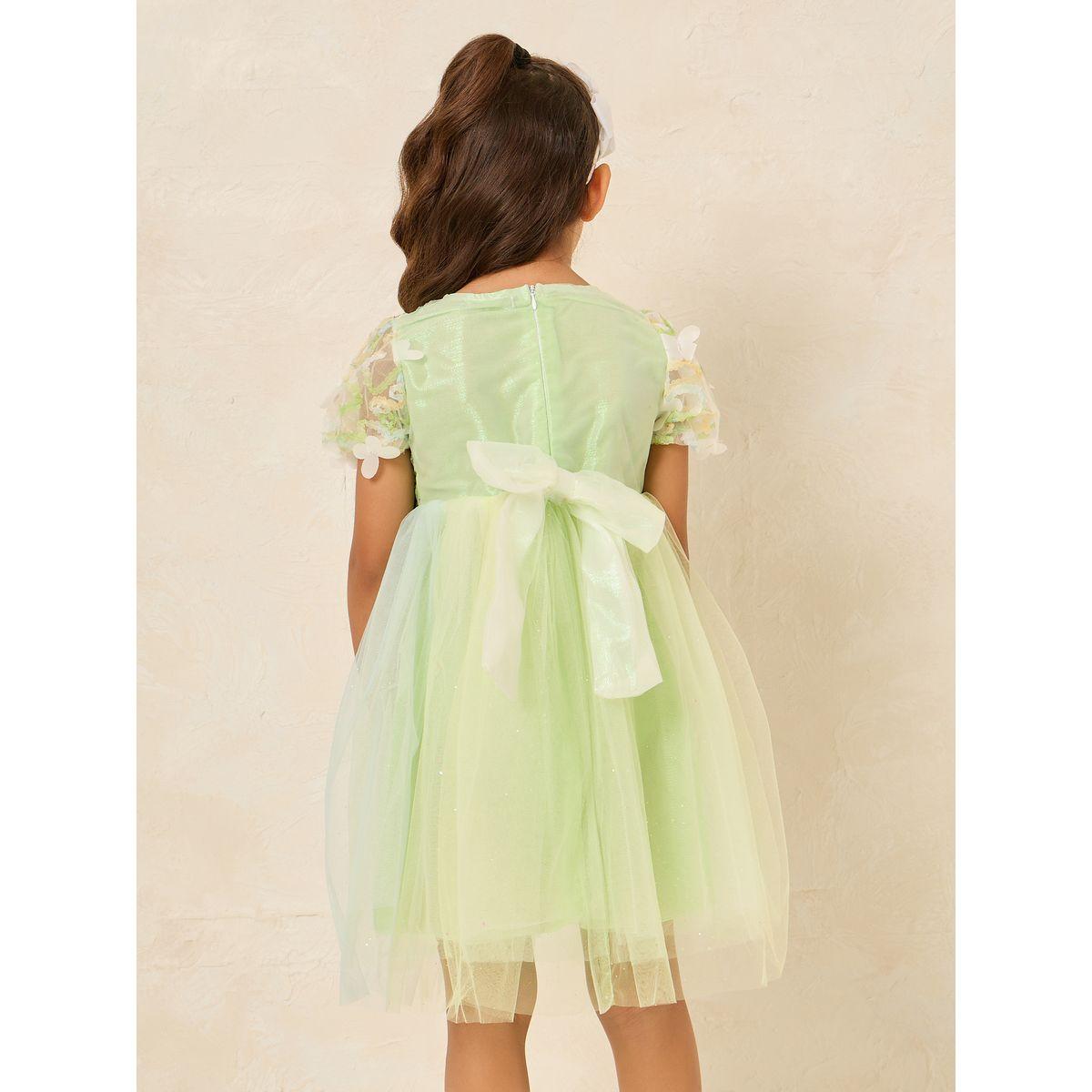 Styli Floral Applique Puff Sleeve Back Bow Mesh Dress-girls-clothing-dressesandjumpsuits-image-4