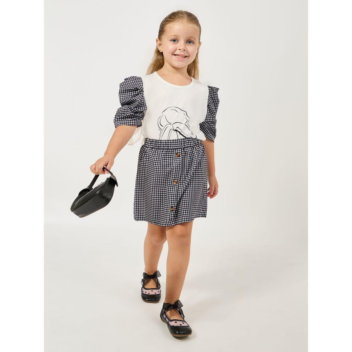 Styli Gingham Check Puff Sleeves Top & Skirt Set-girls-clothing-setsandcoords-image-1