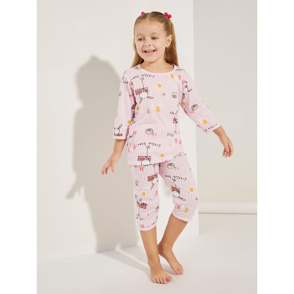 Styli Bunny Print T-Shirt & Crop Length Pyjama Set-girls-clothing-nightwear-image-1