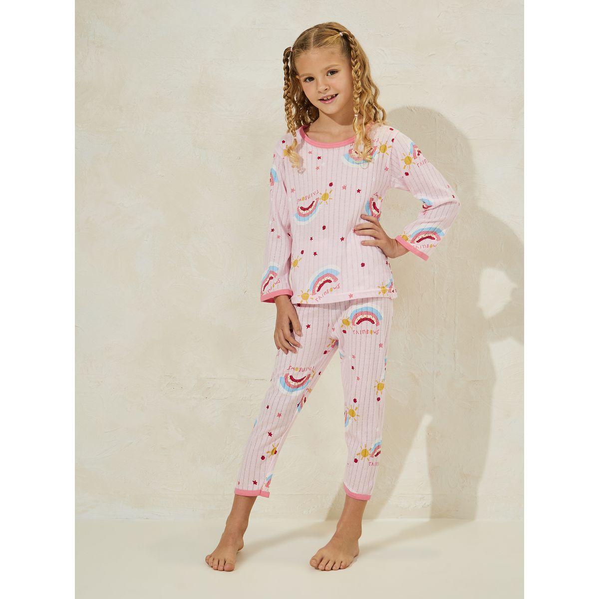 Styli Graphic Print Rib T-Shirt & Crop Pyjama Set-girls-clothing-nightwear-image-1