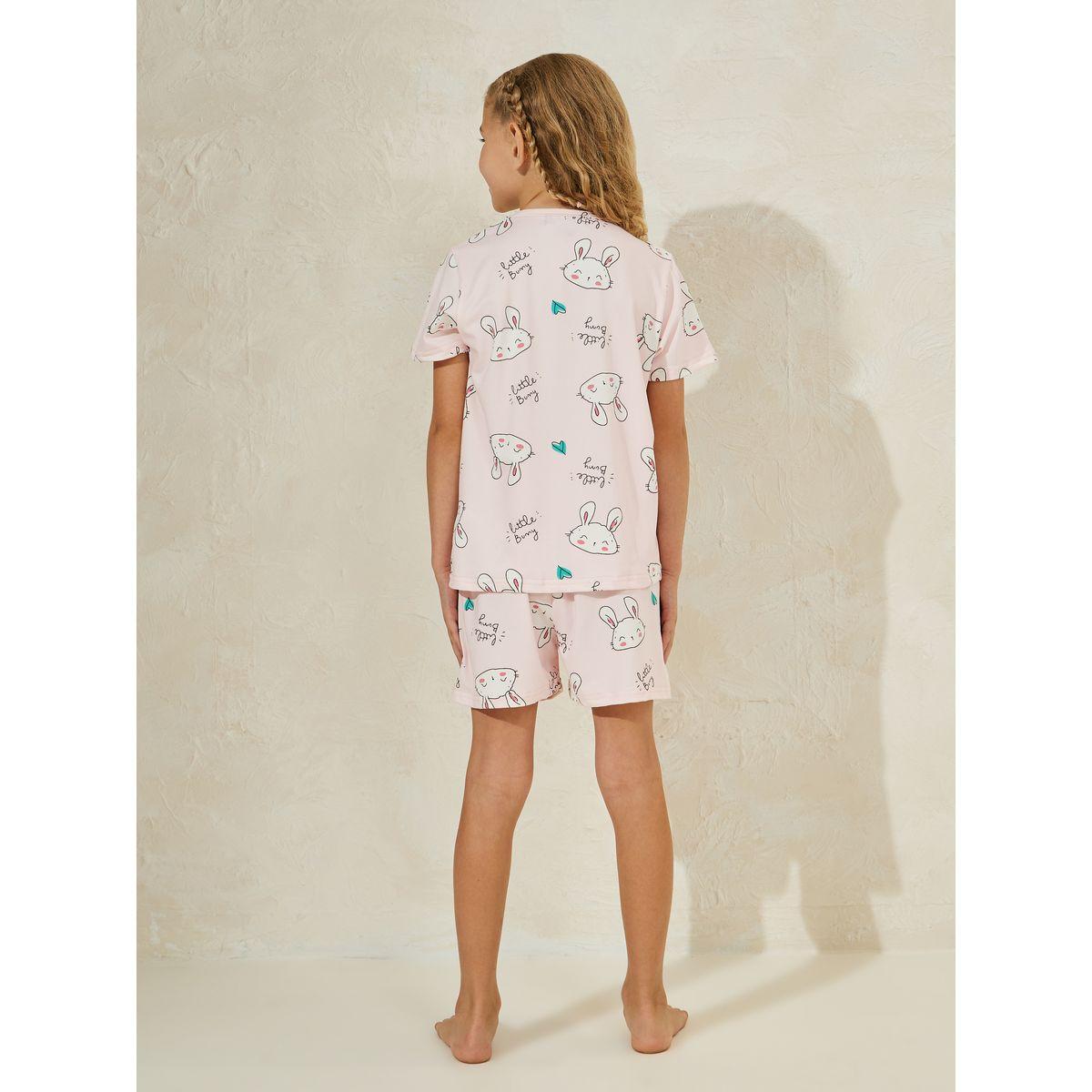 Styli Little Bunny Print T-Shirt & Shorts Set-girls-clothing-nightwear-image-4