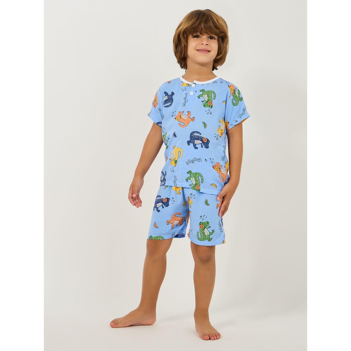 Styli Dinosaur Print Button Front Cotton T-Shirt & Shorts Set-boys-clothing-nightwear-image-1