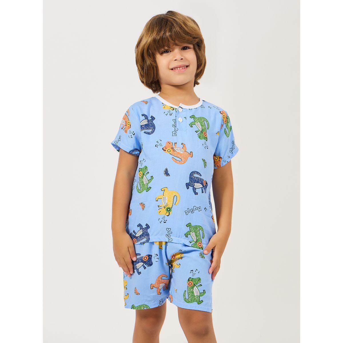 Styli Dinosaur Print Button Front Cotton T-Shirt & Shorts Set-boys-clothing-nightwear-image-2