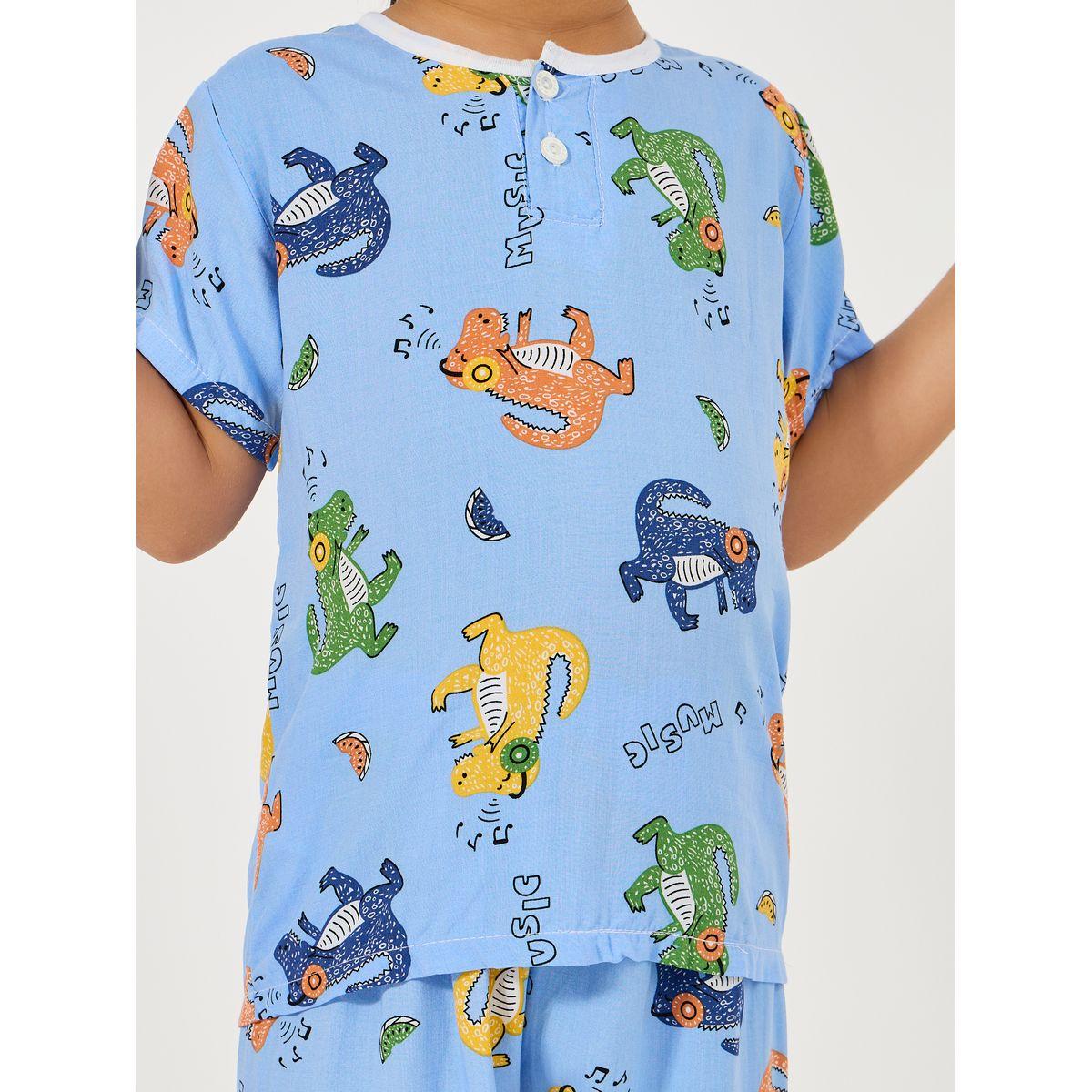 Styli Dinosaur Print Button Front Cotton T-Shirt & Shorts Set-boys-clothing-nightwear-image-3