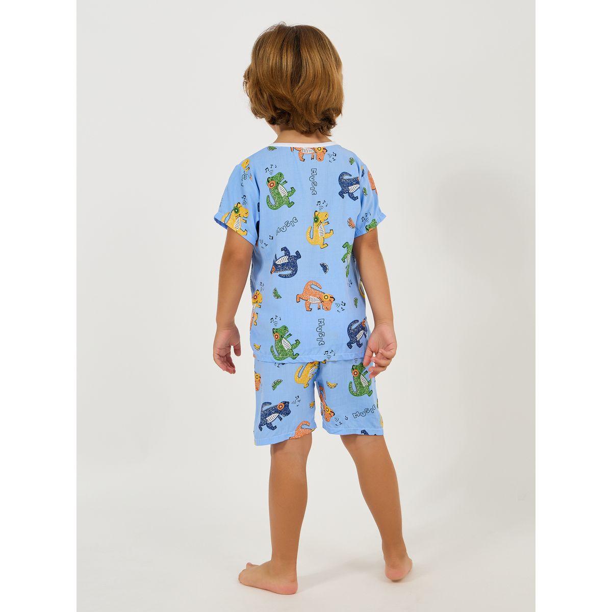 Styli Dinosaur Print Button Front Cotton T-Shirt & Shorts Set-boys-clothing-nightwear-image-4