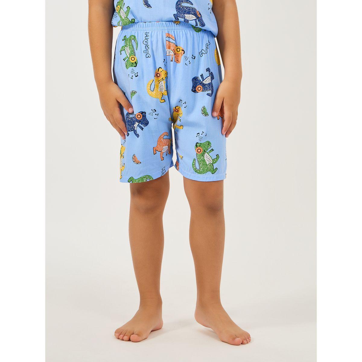 Styli Dinosaur Print Button Front Cotton T-Shirt & Shorts Set-boys-clothing-nightwear-image-5
