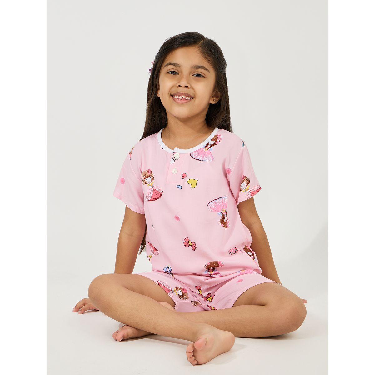 Styli Button Front Cotton T-Shirt & Shorts Set-girls-clothing-nightwear-image-1
