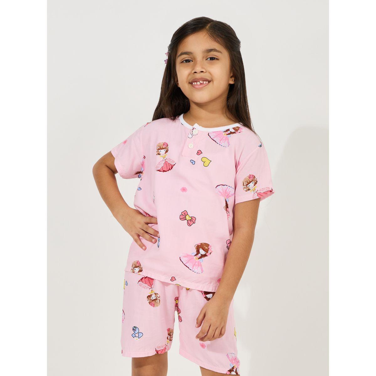 Styli Button Front Cotton T-Shirt & Shorts Set-girls-clothing-nightwear-image-3