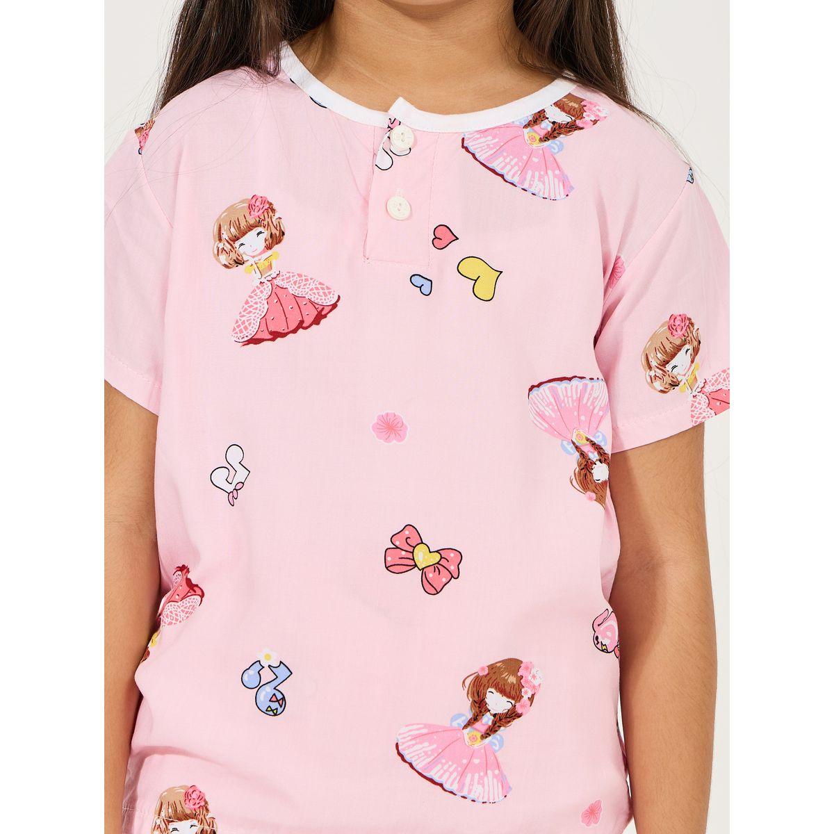 Styli Button Front Cotton T-Shirt & Shorts Set-girls-clothing-nightwear-image-4