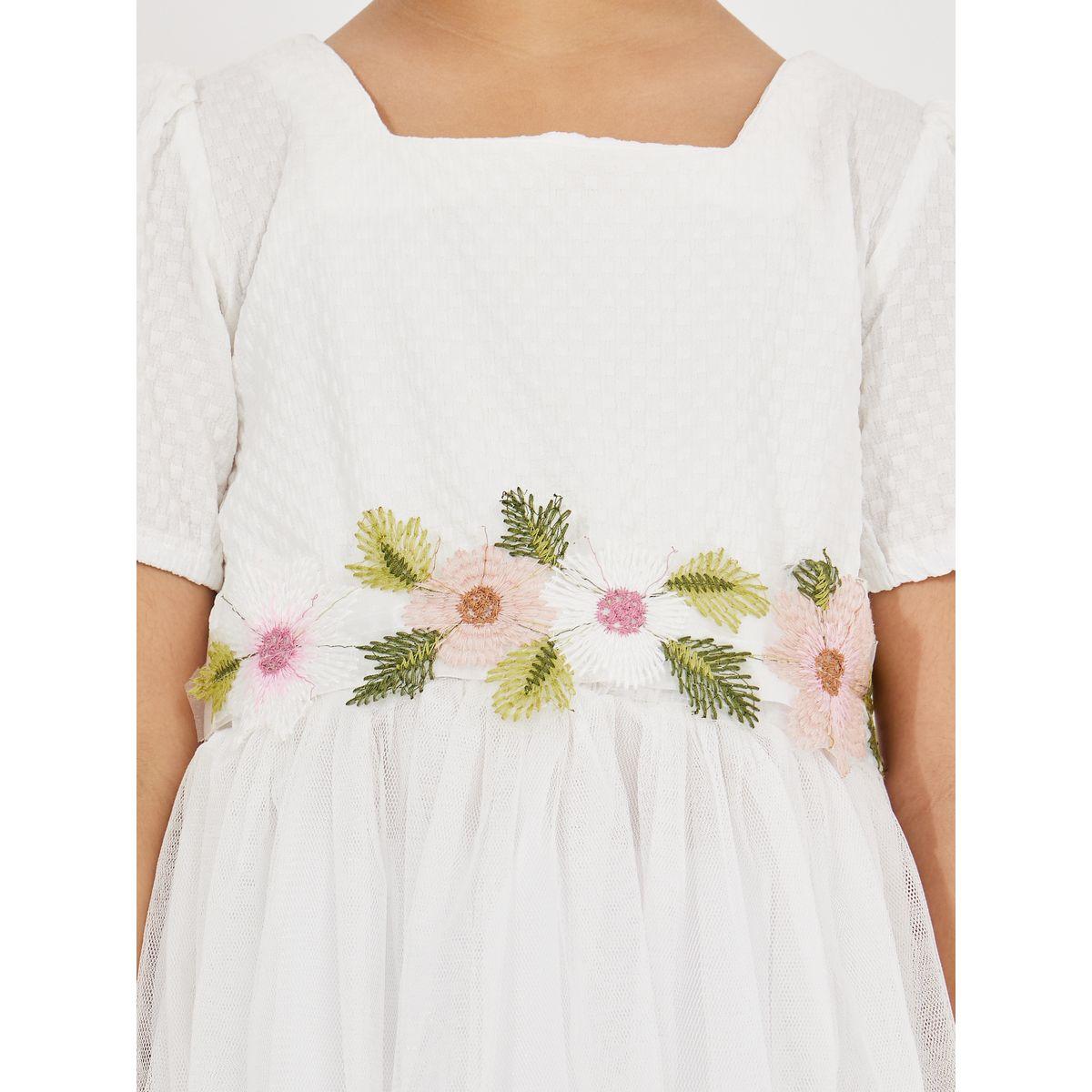 Styli Square Neck Mesh Insert Dress with Floral Belt-girls-clothing-dressesandjumpsuits-image-3