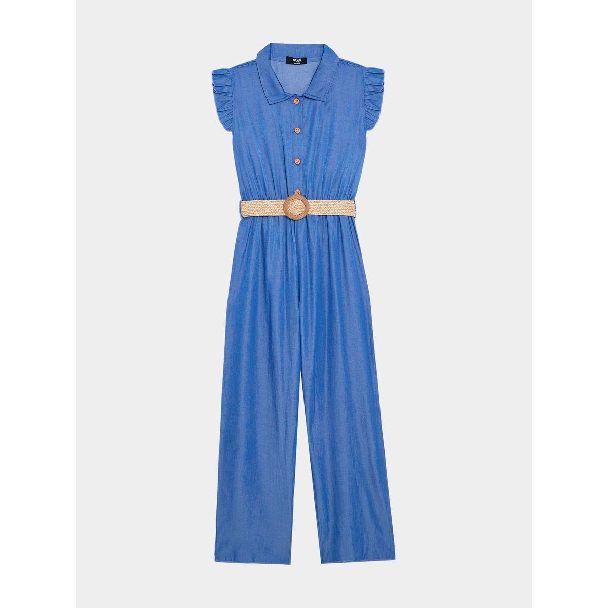 Styli Denim Look Jumpsuit with Belt-girls-clothing-rompers-image-1