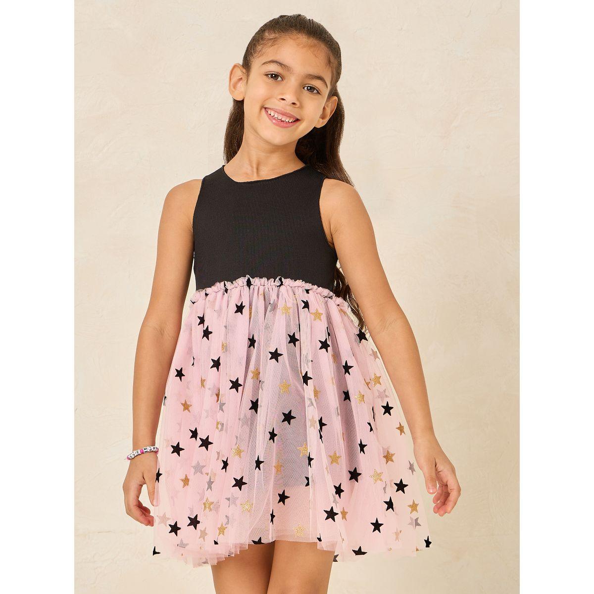 Styli Ribbed Star Print Mesh Hem Dress-girls-clothing-dressesandjumpsuits-image-1