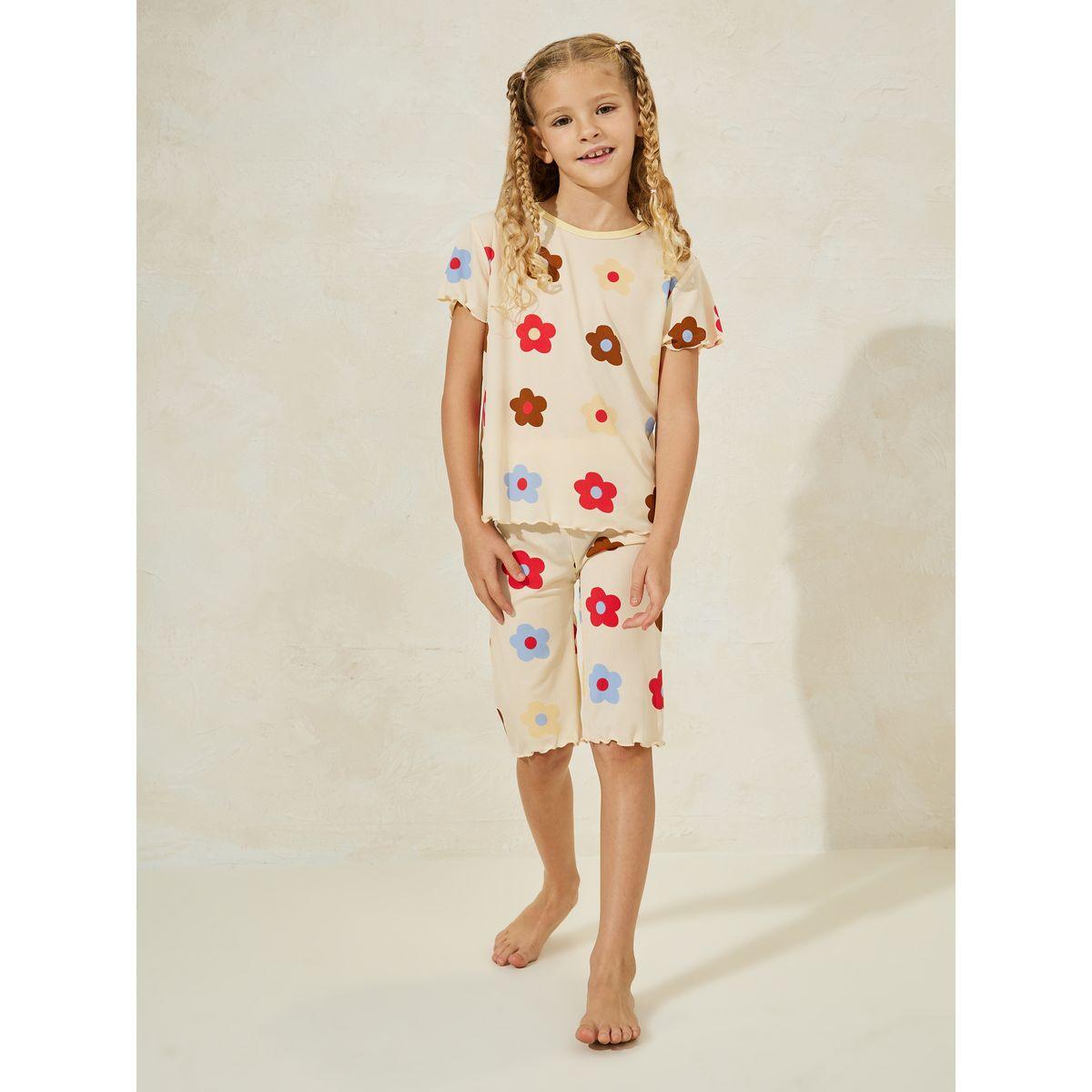 Styli Floral Print T-Shirt & Shorts Set-girls-clothing-nightwear-image-1