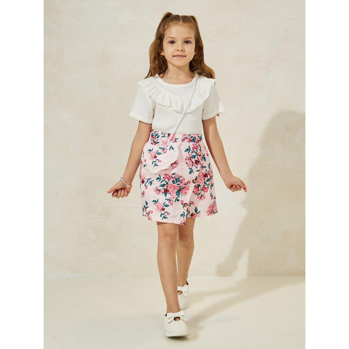 مجموعة من شورت مطبع بزهور مع بلوزة محبوكة-girls-clothing-setsandcoords-image-1