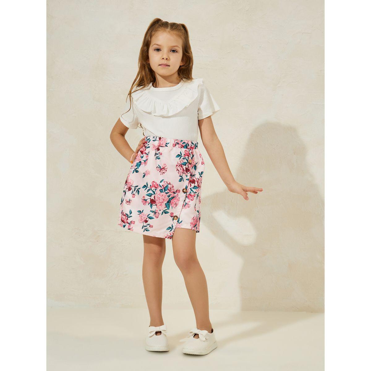 Styli Ruffle Trim Collar Rib Knit Top & Floral Print Shorts Set-girls-clothing-setsandcoords-image-2
