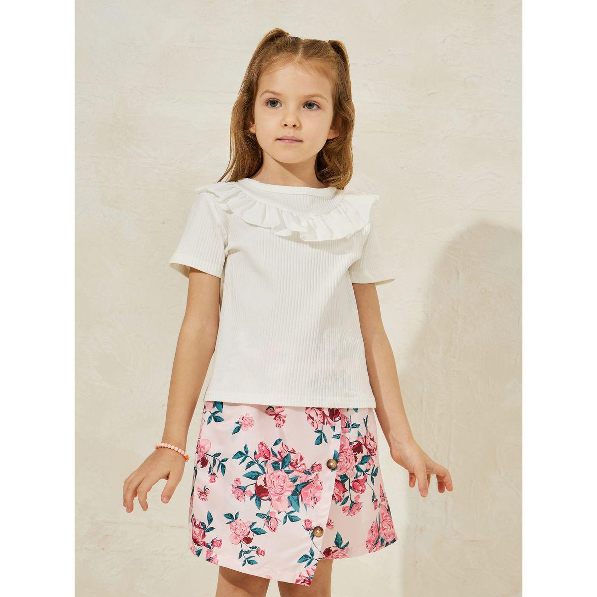 Styli Ruffle Trim Collar Rib Knit Top & Floral Print Shorts Set-girls-clothing-setsandcoords-image-3