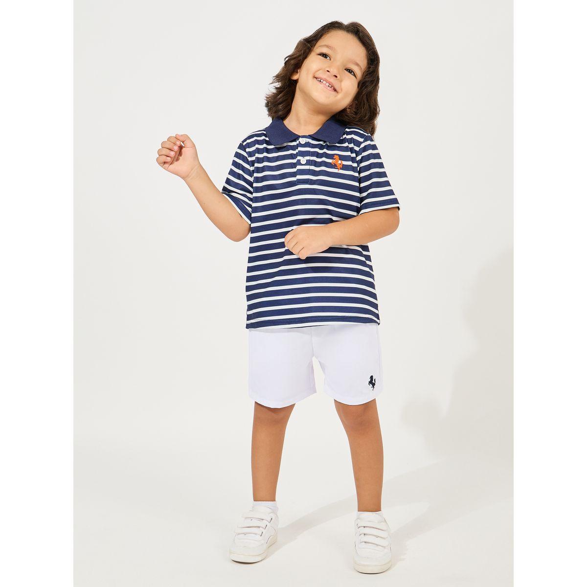 مجموعة من شورت مطبع بشعار مع تيشيرت مخطط بياقة بولو-boys-clothing-setsandcoords-image-1