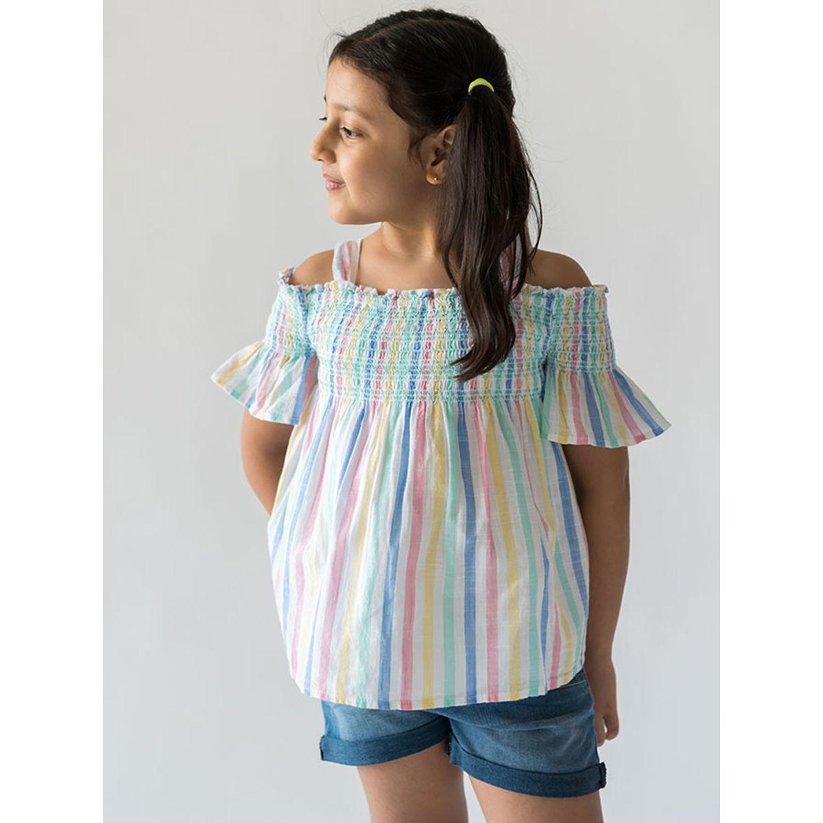 Styli Striped Cold Shoulder Sleeve Top-girls-clothing-tshirts-image-1