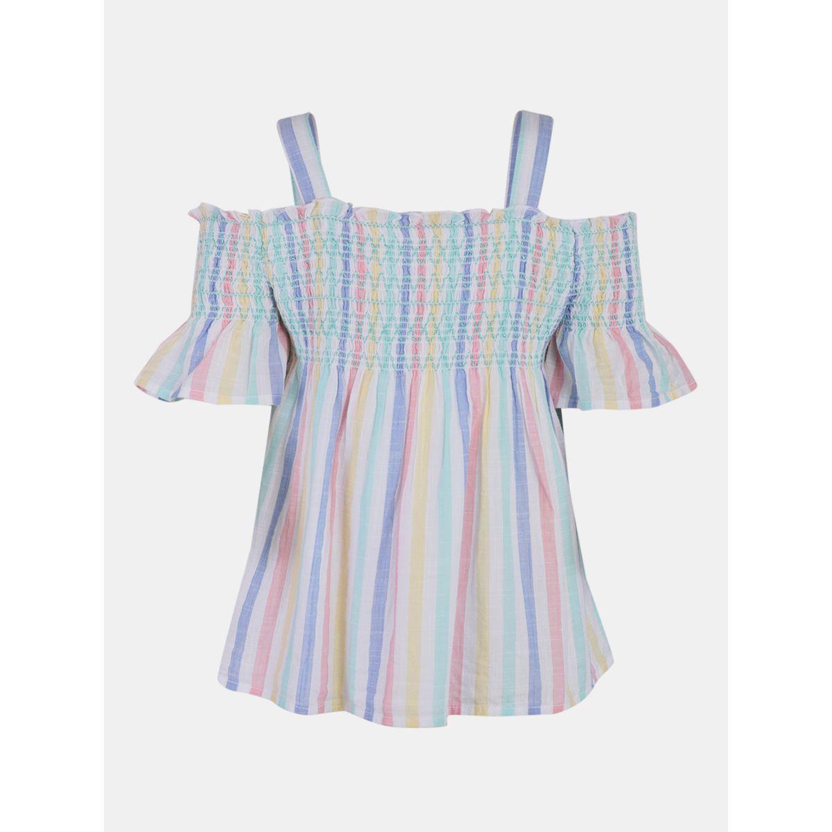 Styli Striped Cold Shoulder Sleeve Top-girls-clothing-tshirts-image-2