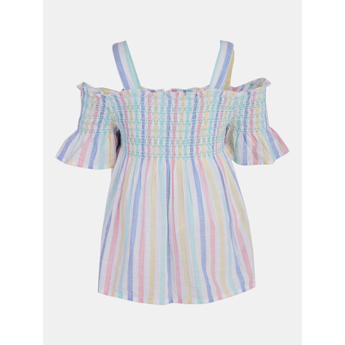 Styli Striped Cold Shoulder Sleeve Top-girls-clothing-tshirts-image-3