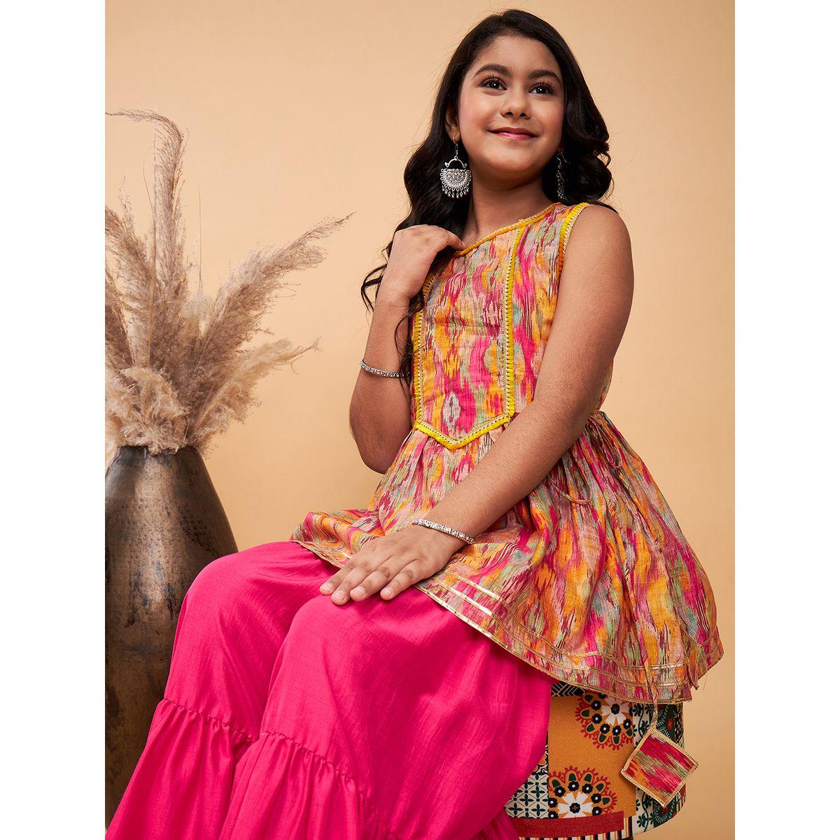 Stylo Bug X Styli Ikat Print Kurta & Tiered Sharara Set-girls-clothing-setsandcoords-image-4