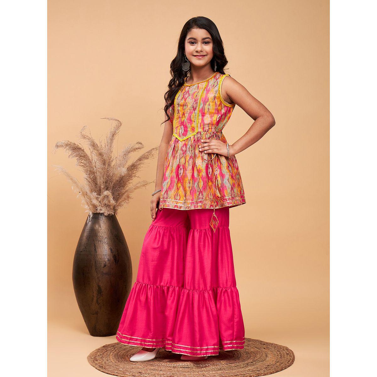 Stylo Bug X Styli Ikat Print Kurta & Tiered Sharara Set-girls-clothing-setsandcoords-image-5