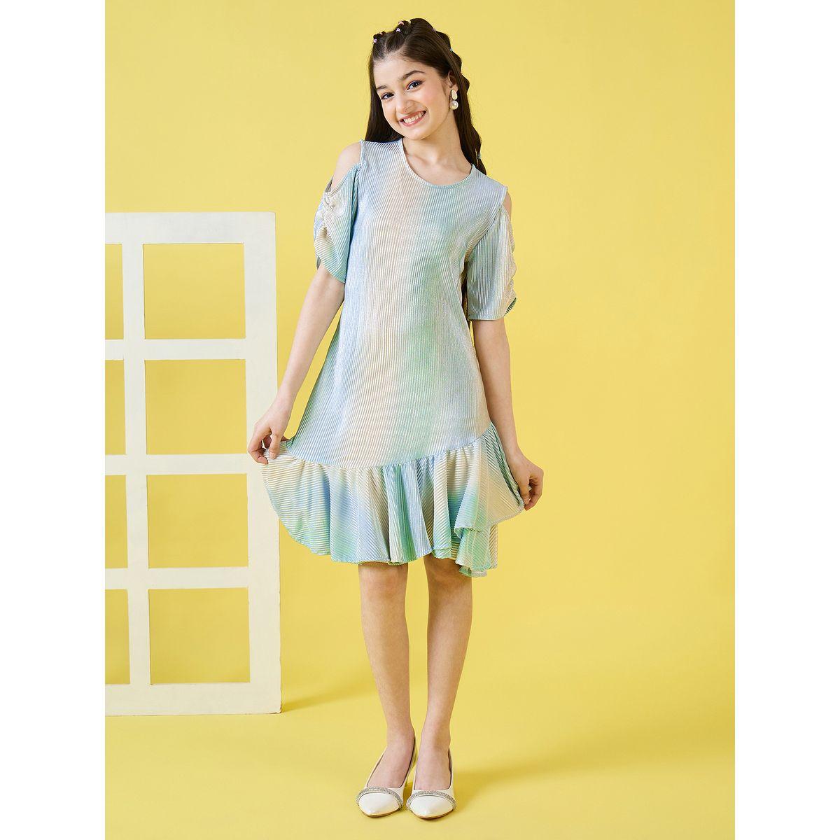 Stylo Bug X Styli Frill Hem Plisse Dress with Ruched Sleeve-girls-clothing-dressesandjumpsuits-image-1