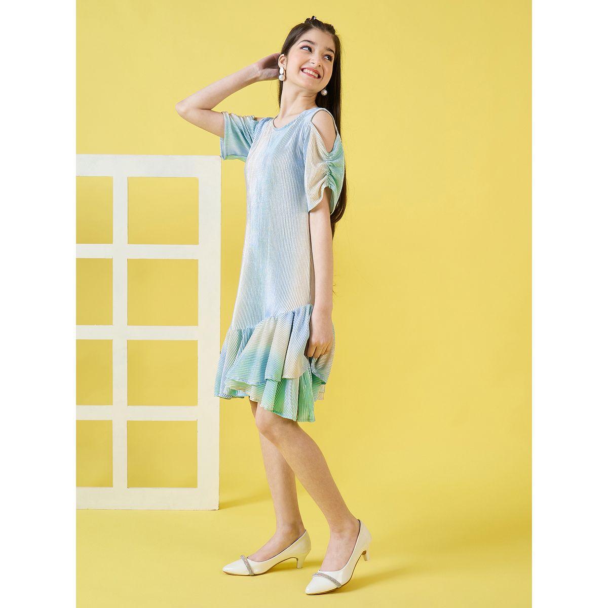 Stylo Bug X Styli Frill Hem Plisse Dress with Ruched Sleeve-girls-clothing-dressesandjumpsuits-image-4
