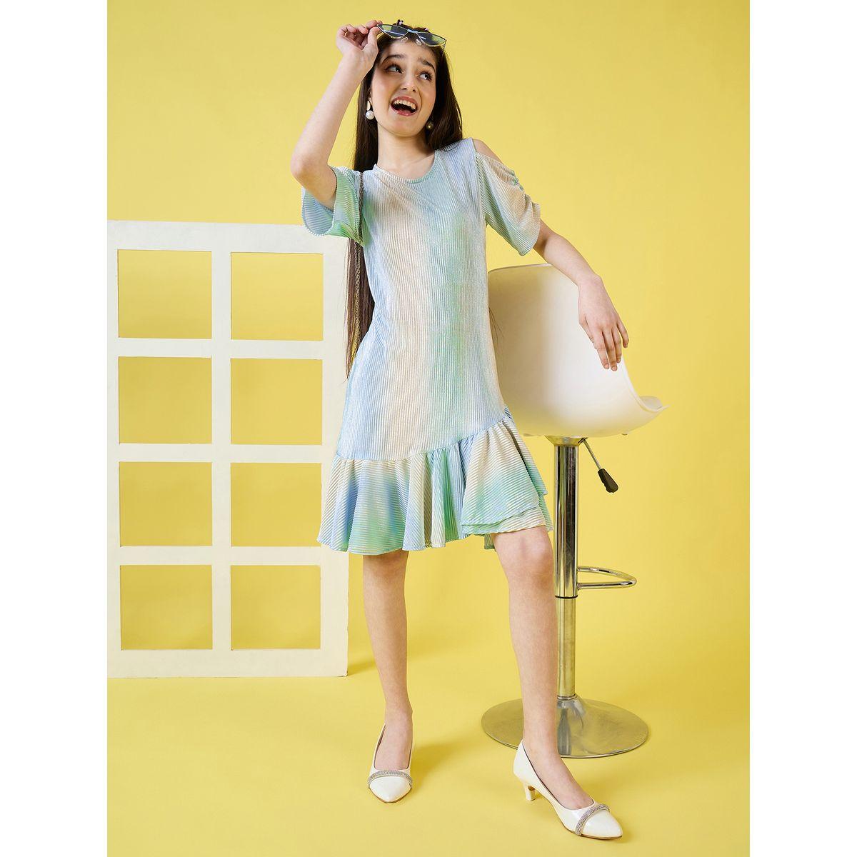 Stylo Bug X Styli Frill Hem Plisse Dress with Ruched Sleeve-girls-clothing-dressesandjumpsuits-image-5