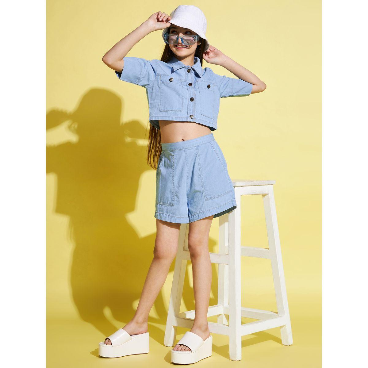 Stylo Bug X Styli Denim Look Crop Shirt & Shorts Set-girls-clothing-setsandcoords-image-1