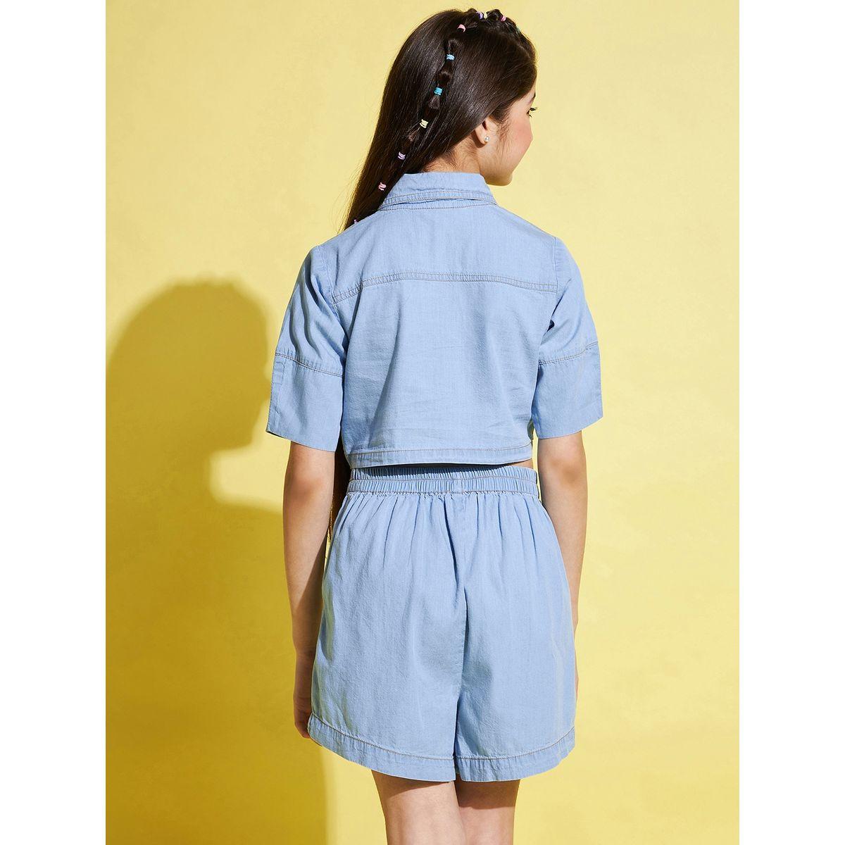 Stylo Bug X Styli Denim Look Crop Shirt & Shorts Set-girls-clothing-setsandcoords-image-2