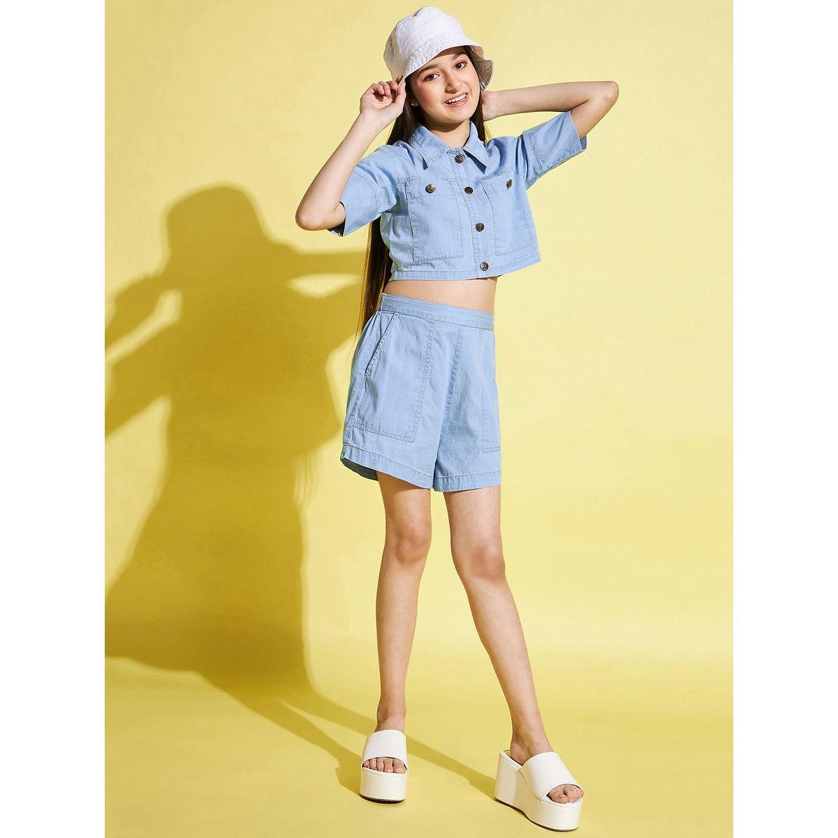 مجموعة من شورت وبلوزة قصيرة بمظهر دنيم ستايلو بَج × ستايلي-girls-clothing-setsandcoords-image-3