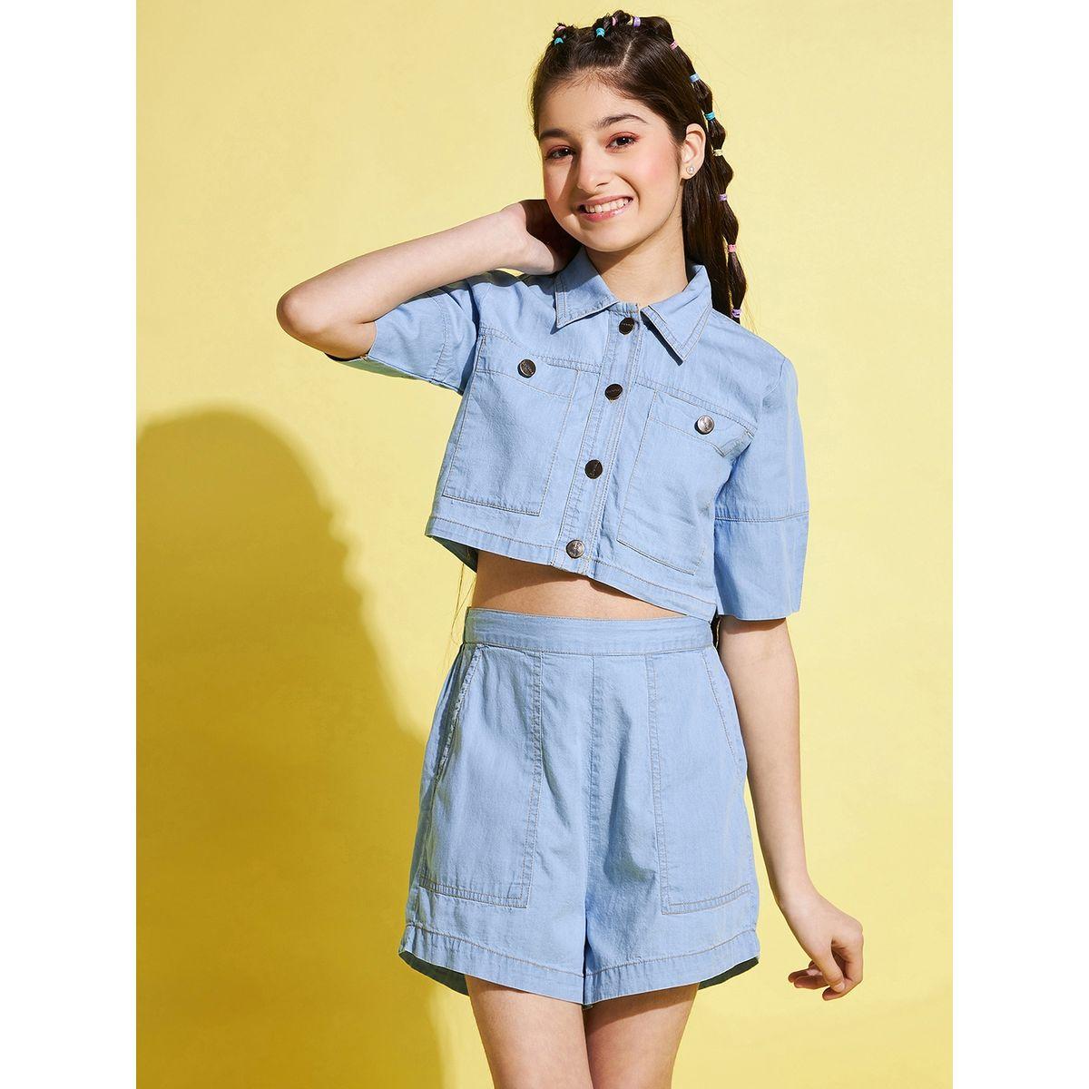 Stylo Bug X Styli Denim Look Crop Shirt & Shorts Set-girls-clothing-setsandcoords-image-6
