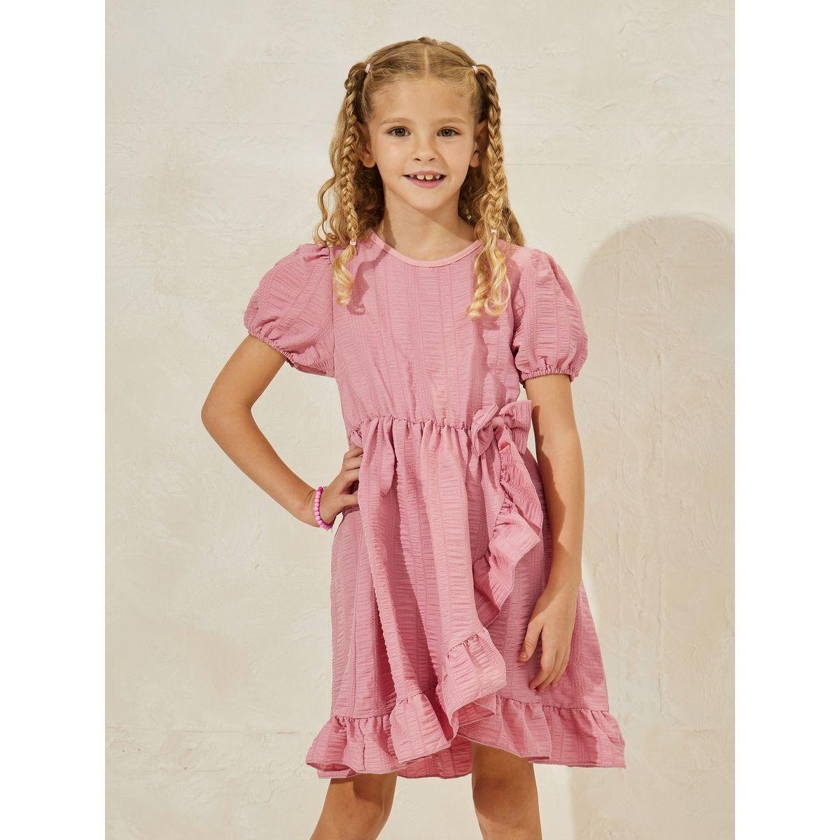 Styli Ruffle Trim Bow Front Dress with Puff Sleeve-girls-clothing-dressesandjumpsuits-image-2