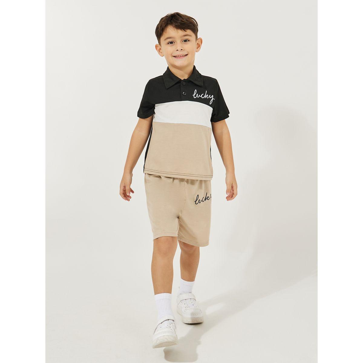 Styli Color Block Printed Polo T-Shirt & Shorts Set-boys-clothing-setsandcoords-image-1