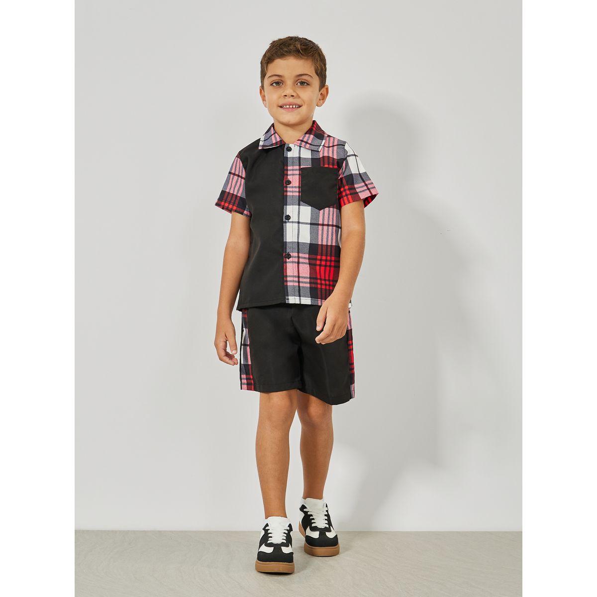 Styli Color Block Checked Print Shirt & Shorts Set-boys-clothing-setsandcoords-image-2