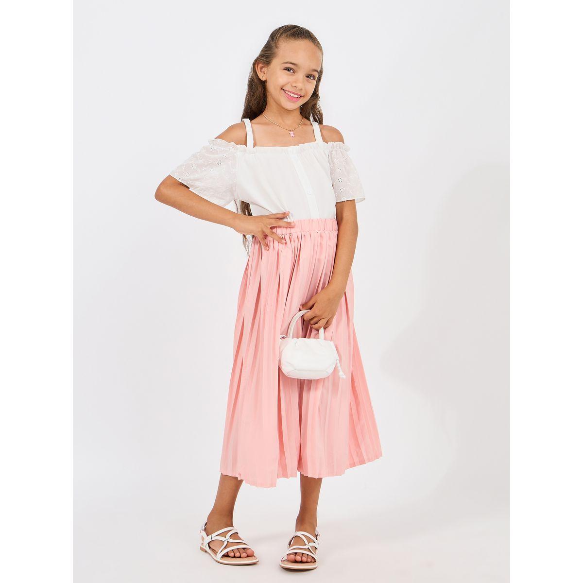 Styli Ruffle Sleeve Cold Shoulder Top & Pleated Skirt Set-girls-clothing-setsandcoords-image-1